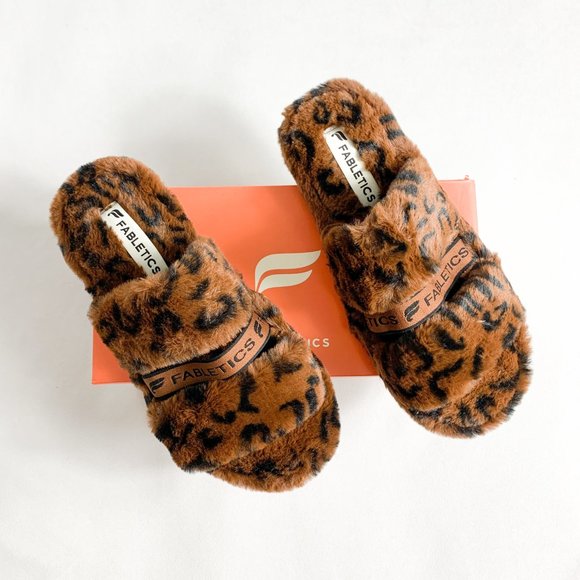 Fabletics Leopard Faux Fur Double Strap Slippers - Picture 1 of 3